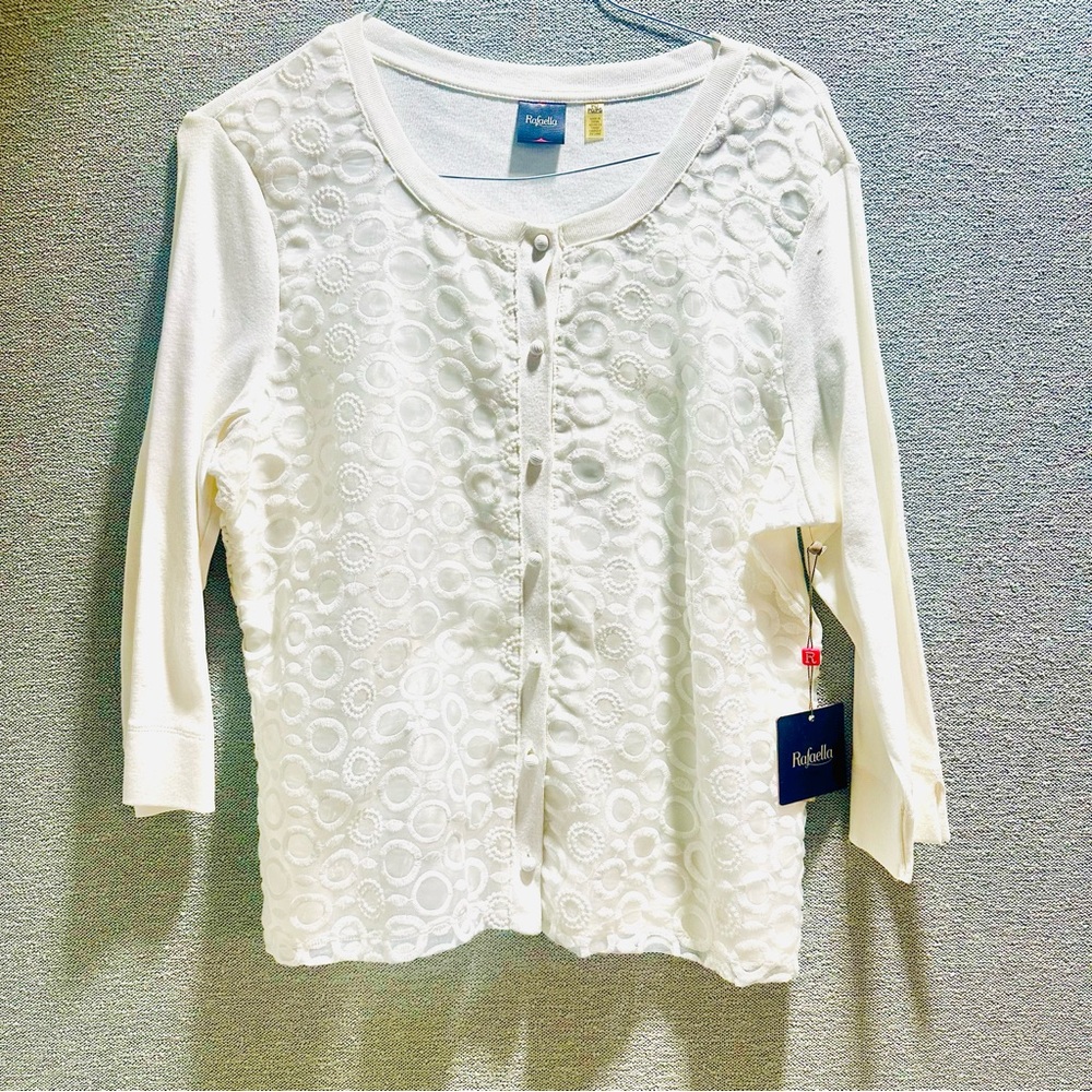 NWT Vintage Rafaella Snow White Cotton Textured Sheer w/Circles Cardigan